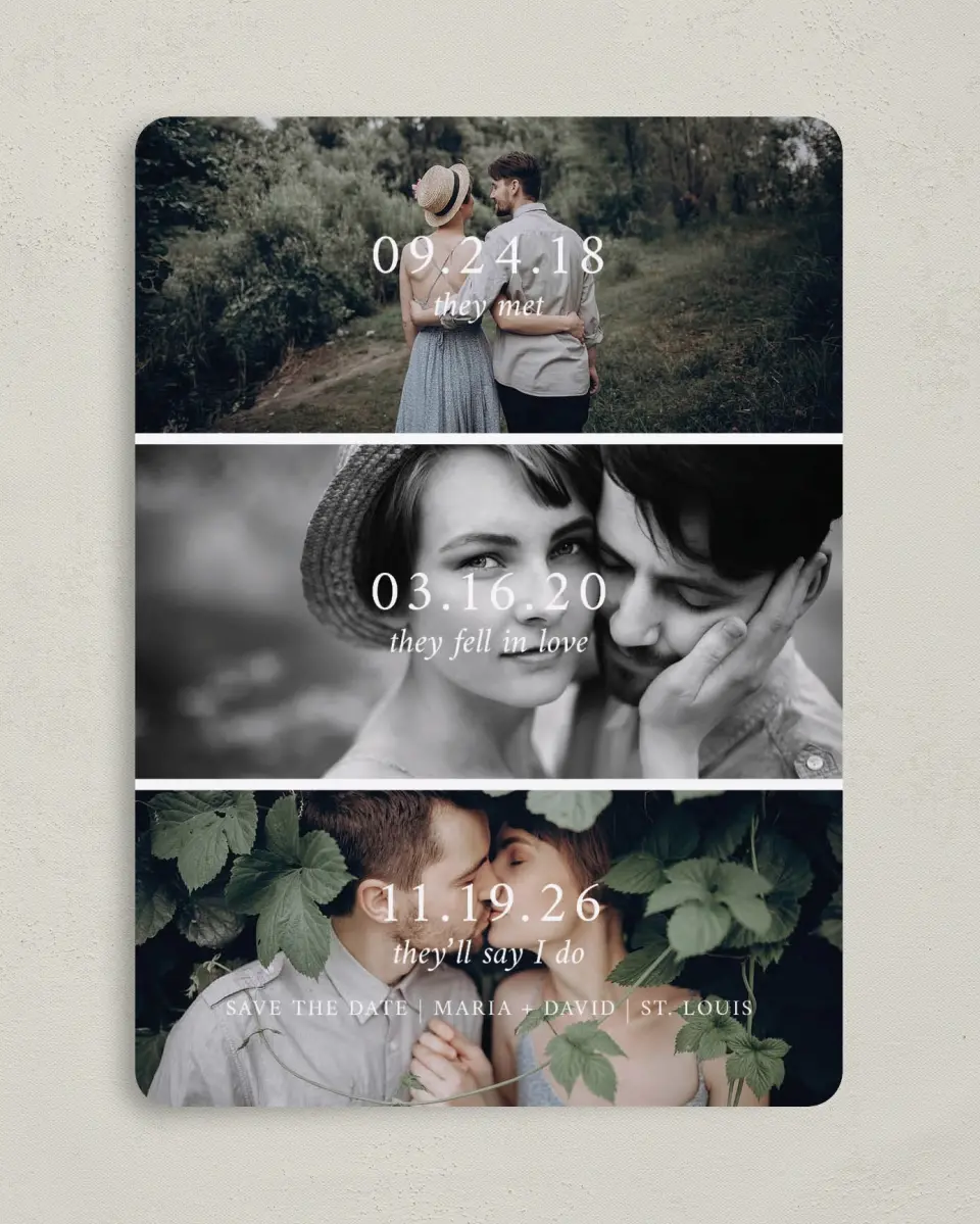 This is a 5" x 7" Save the Date Card called Through the Years printed in full color on Premium Smooth paper