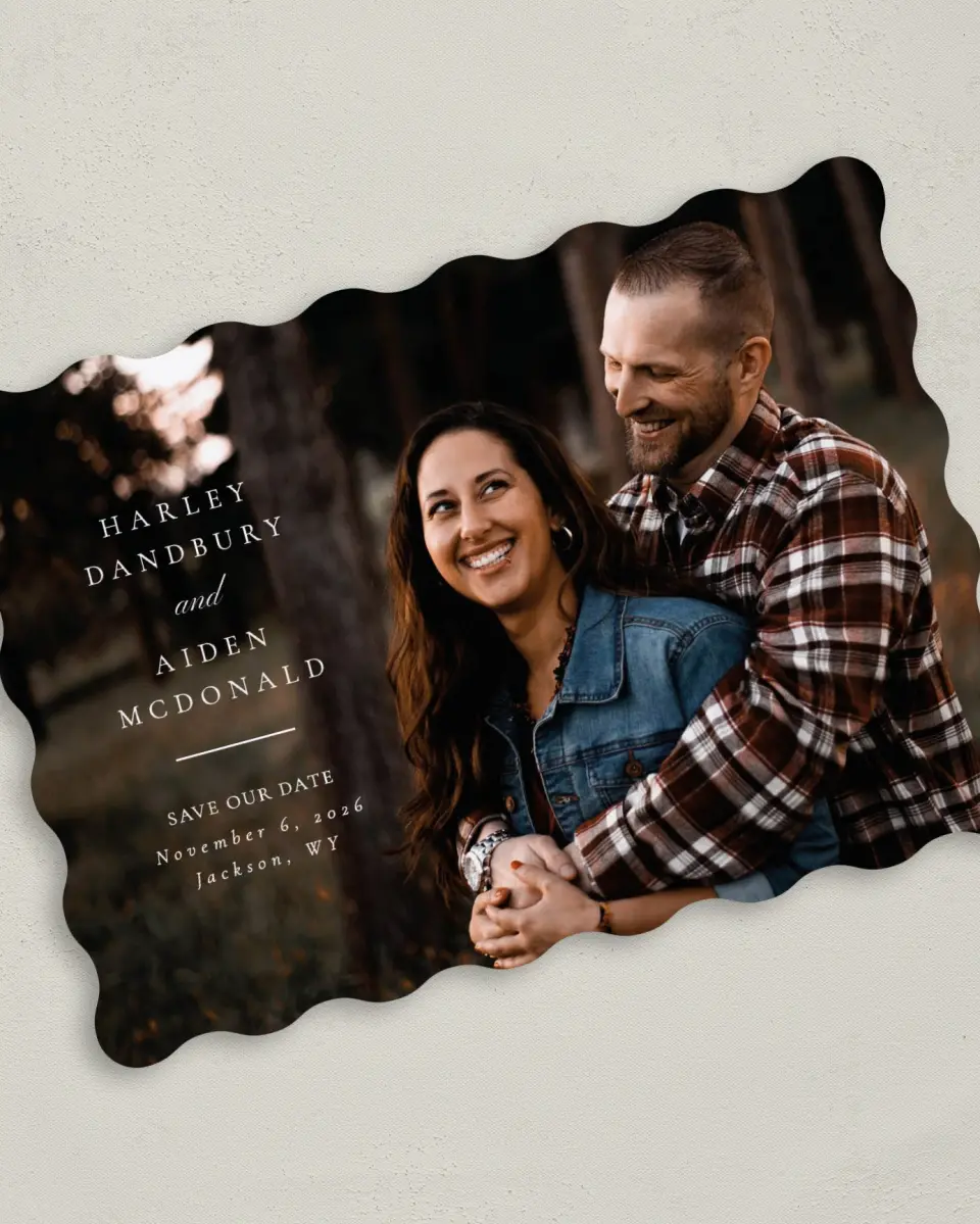 This is a 5" x 7" Save the Date Card called Grounded in Love printed in full color on Premium Smooth paper