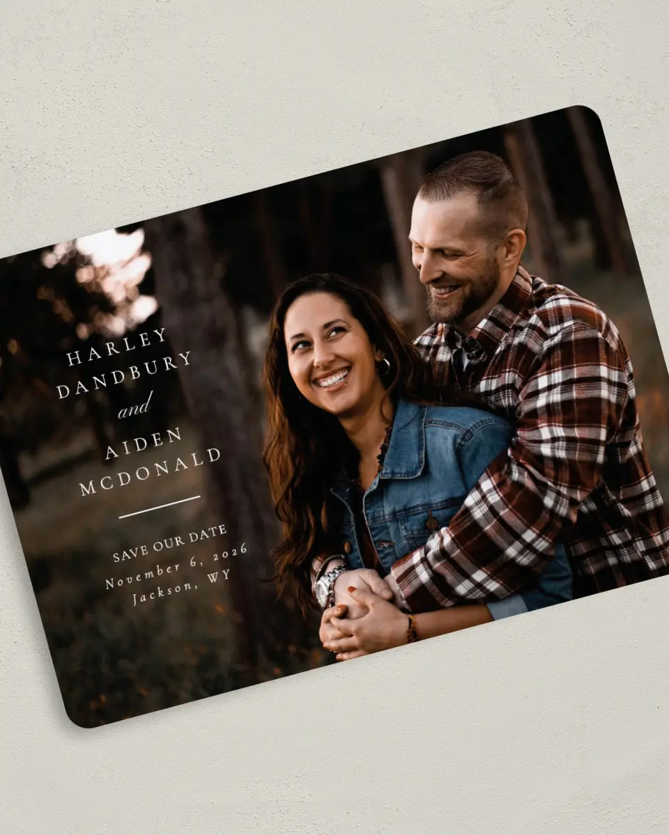 This is a 5" x 7" Save the Date Card called Grounded in Love printed in full color on Premium Smooth paper