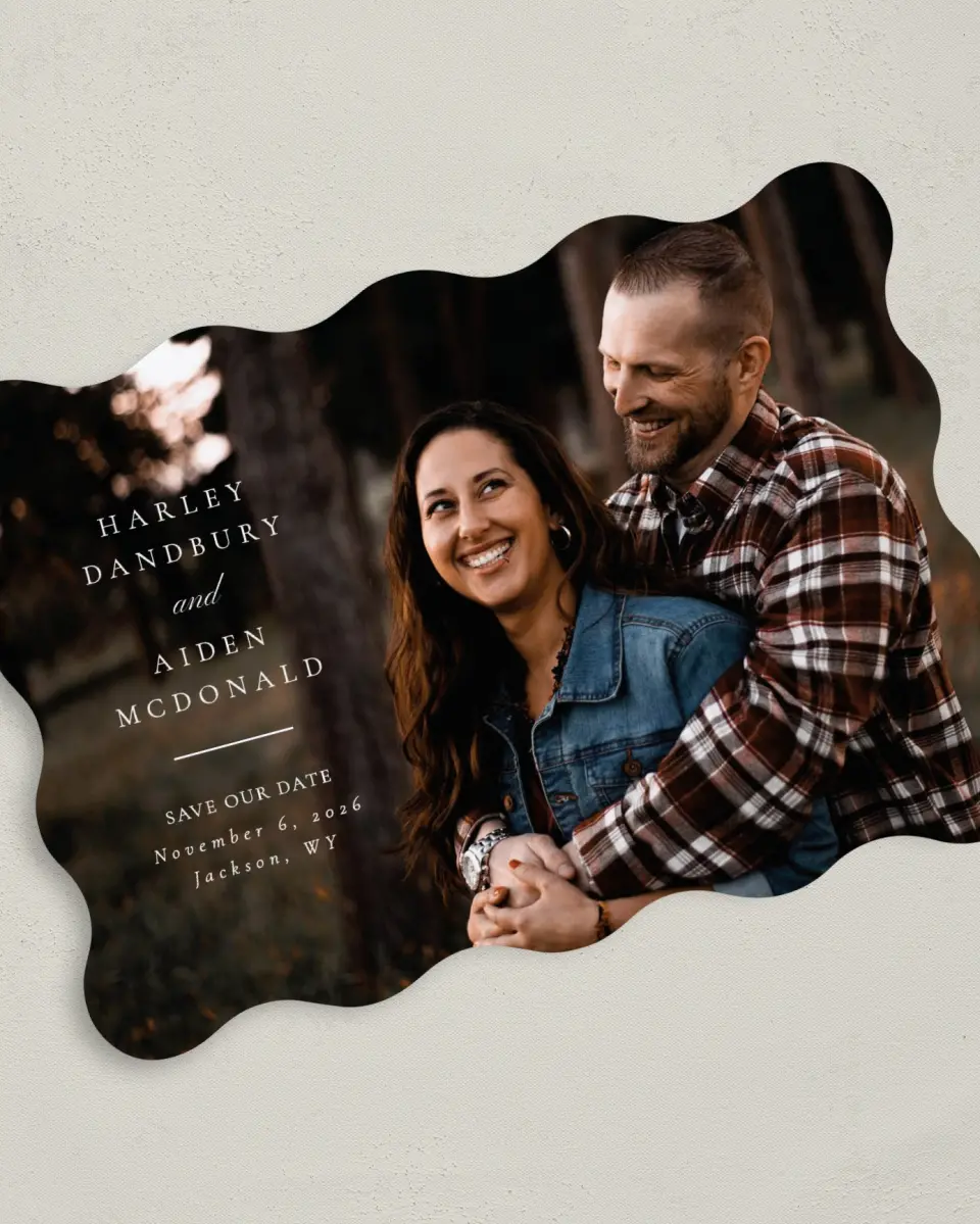 This is a 5" x 7" Save the Date Card called Grounded in Love printed in full color on Premium Smooth paper