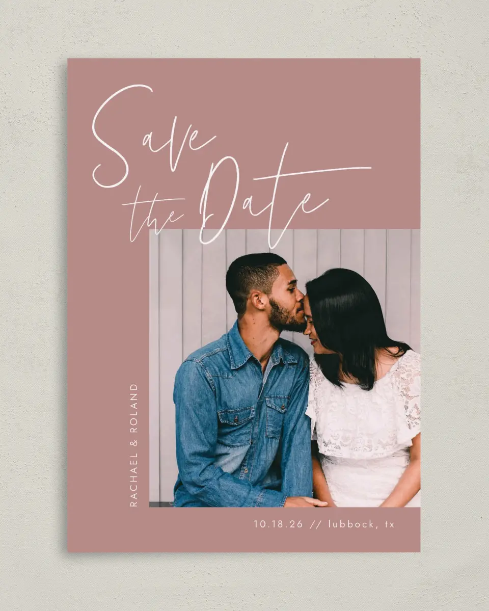 This is a 5" x 7" Save the Date Card called Stylish Script printed in full color on Premium Smooth paper