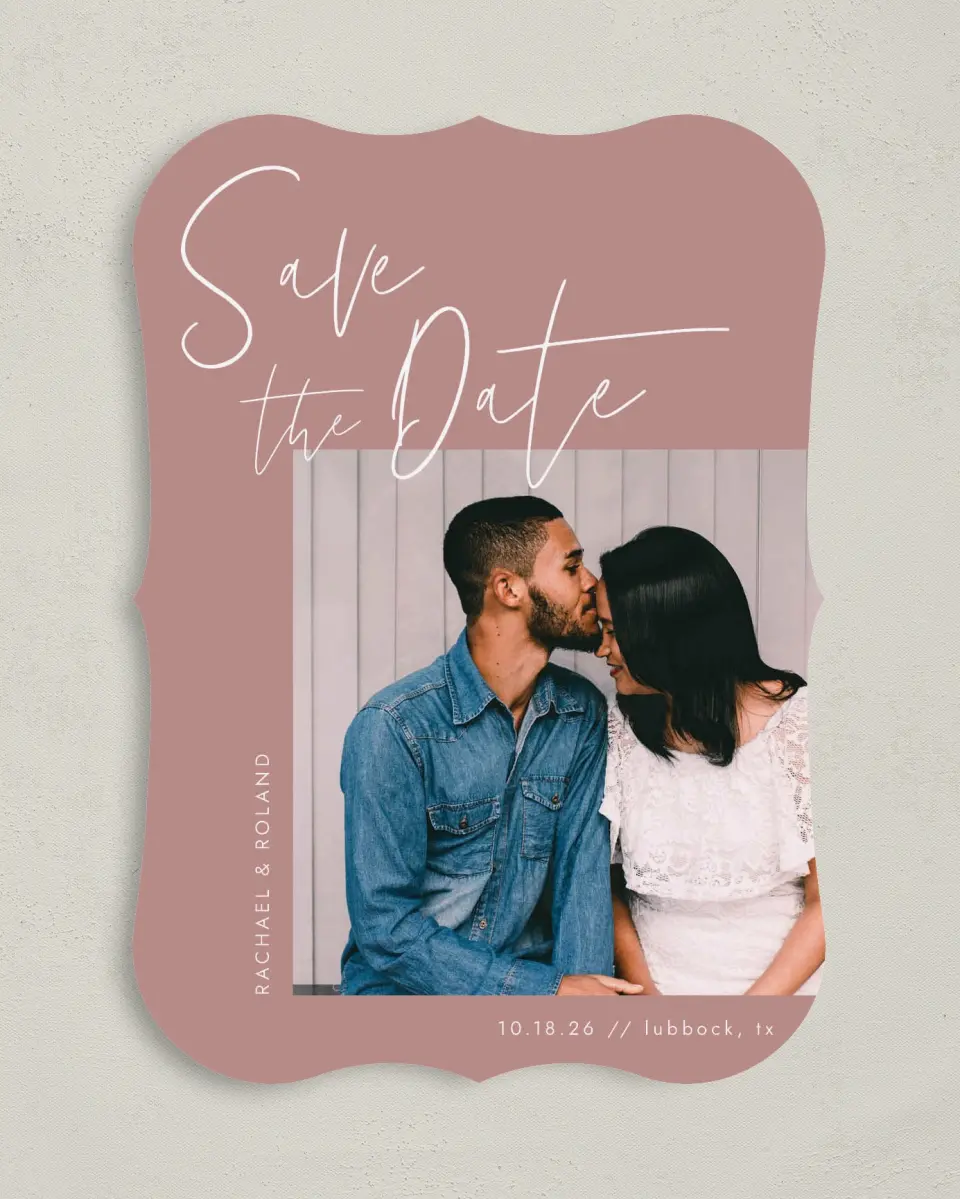 This is a 5" x 7" Save the Date Card called Stylish Script printed in full color on Premium Smooth paper
