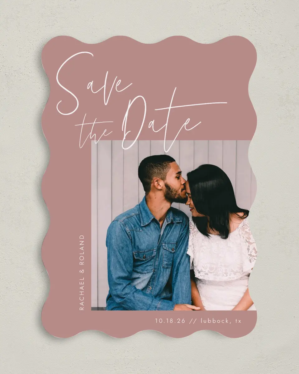 This is a 5" x 7" Save the Date Card called Stylish Script printed in full color on Premium Smooth paper