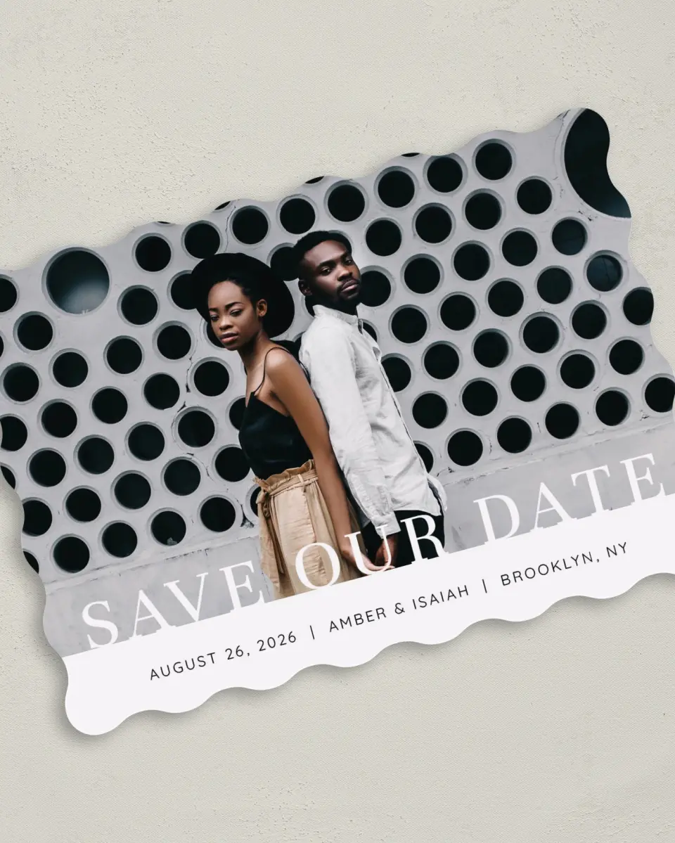 This is a 5" x 7" Save the Date Card called Meant to Be printed in full color on Premium Smooth paper