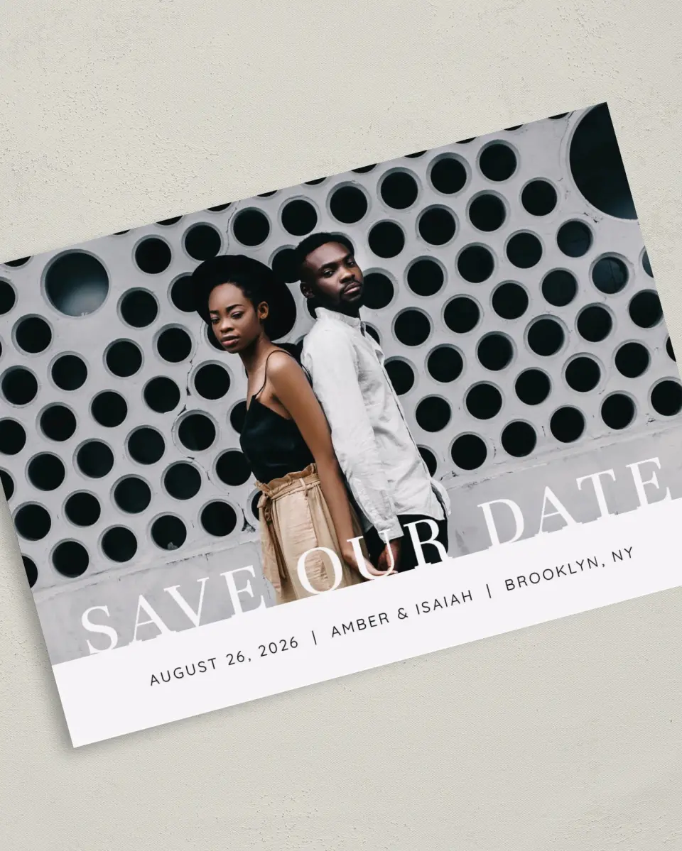 This is a 5" x 7" Save the Date Card called Meant to Be printed in full color on Premium Smooth paper