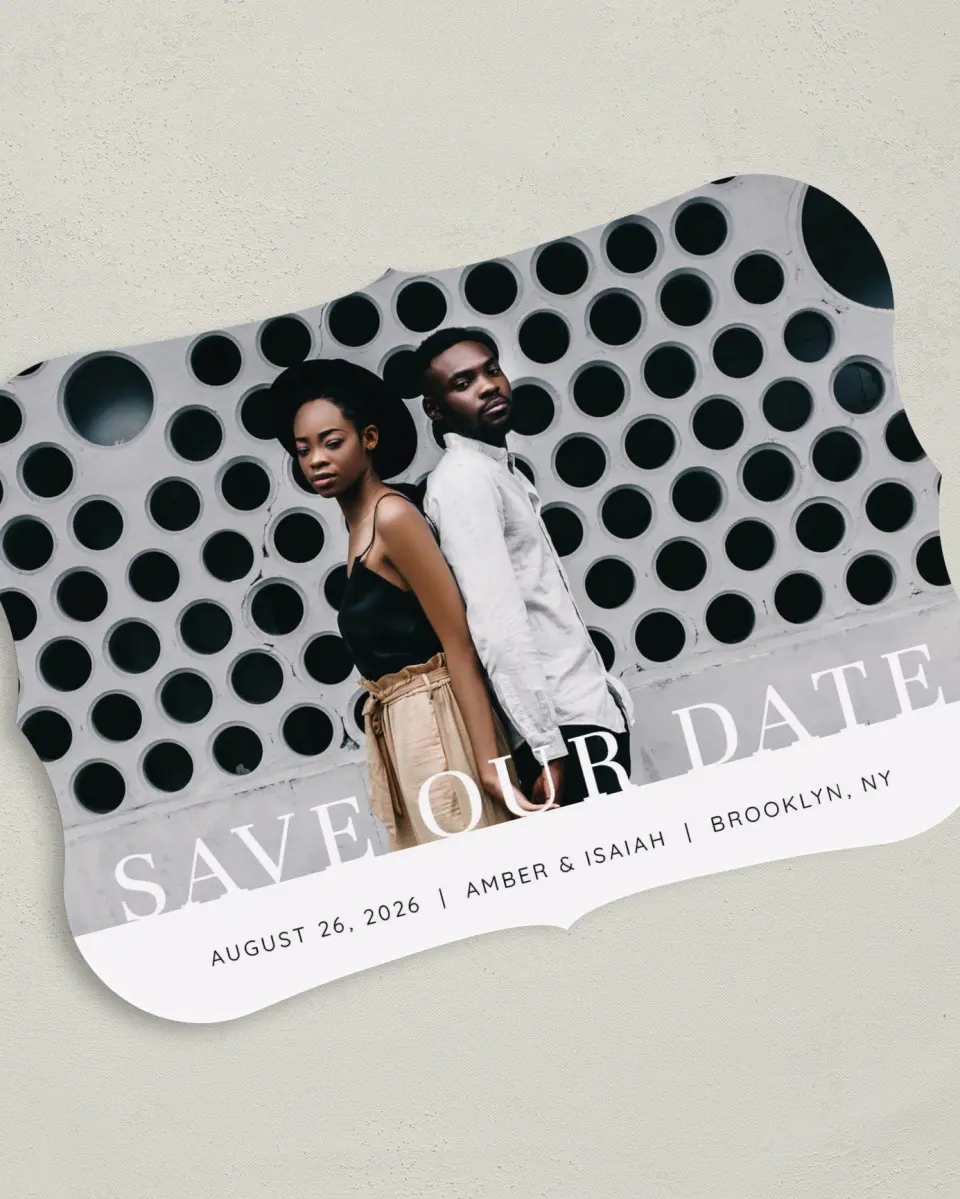 This is a 5" x 7" Save the Date Card called Meant to Be printed in full color on Premium Smooth paper
