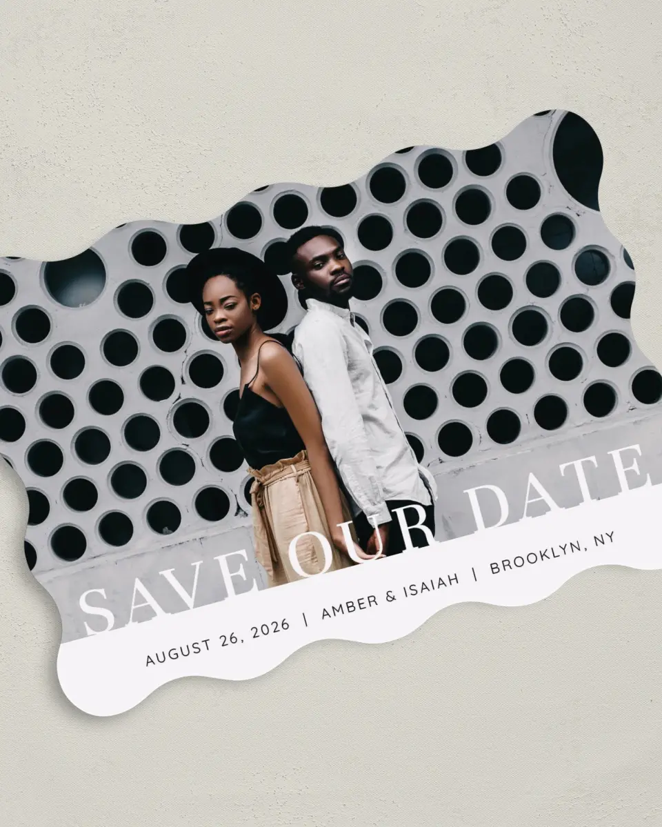 This is a 5" x 7" Save the Date Card called Meant to Be printed in full color on Premium Smooth paper