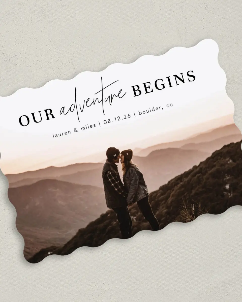 This is a 5" x 7" Save the Date Card called Our Adventure printed in full color on Premium Smooth paper
