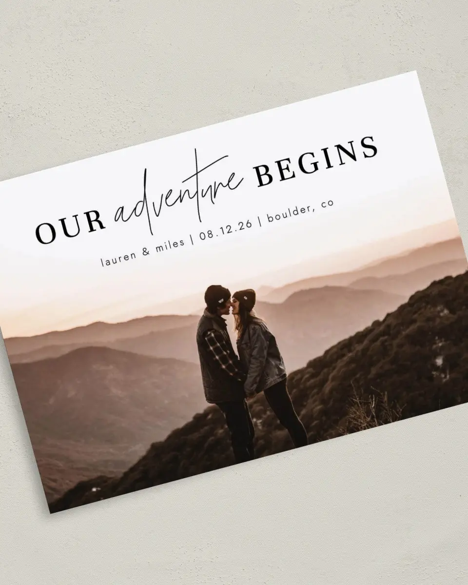 This is a 5" x 7" Save the Date Card called Our Adventure printed in full color on Premium Smooth paper