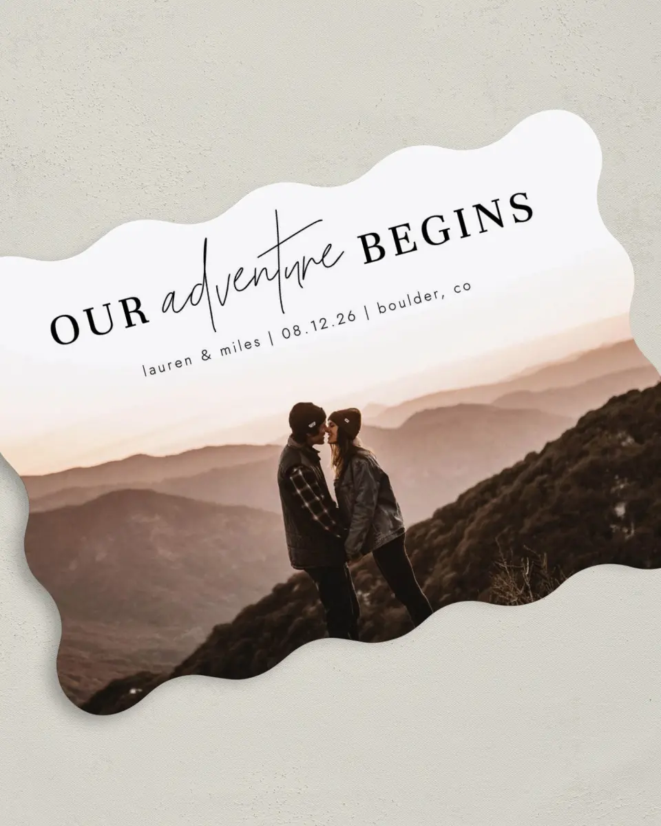 This is a 5" x 7" Save the Date Card called Our Adventure printed in full color on Premium Smooth paper