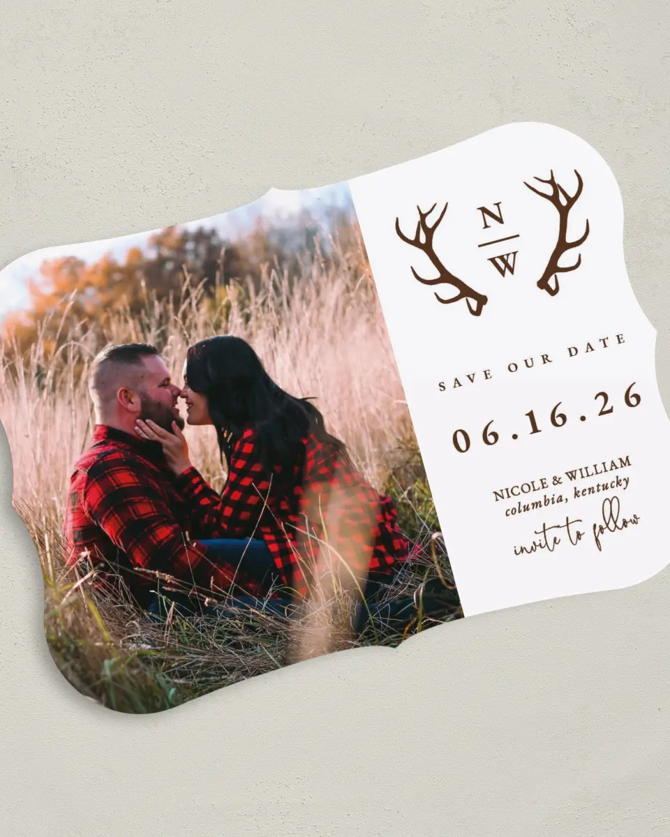 This is a 5" x 7" Save the Date Card called Rustic Antler printed in full color on Premium Smooth paper