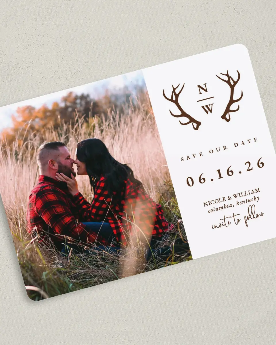 This is a 5" x 7" Graduation Announcement Card called Rustic Antler printed in full color on Premium Smooth paper