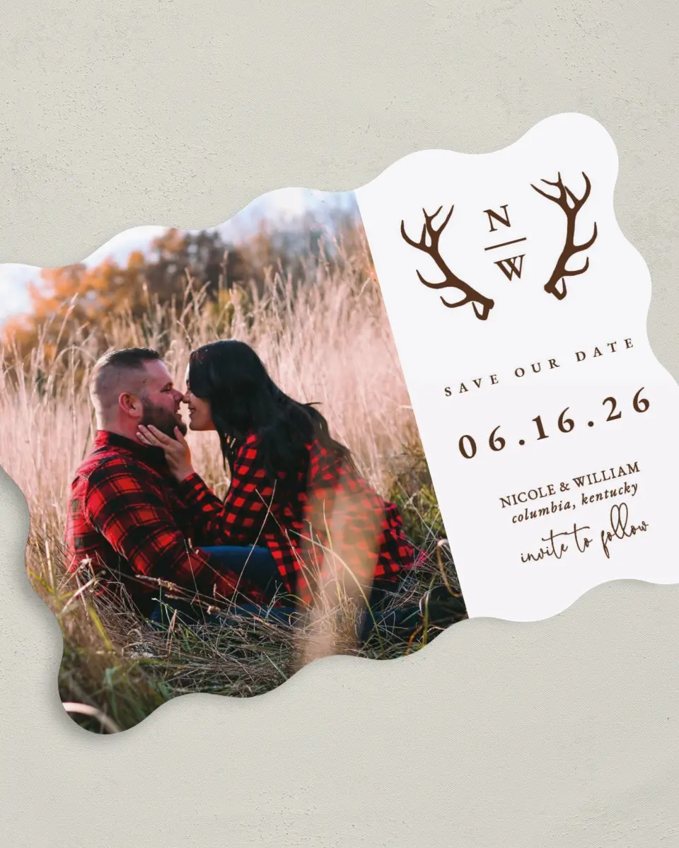 This is a 5" x 7" Save the Date Card called Rustic Antler printed in full color on Premium Smooth paper