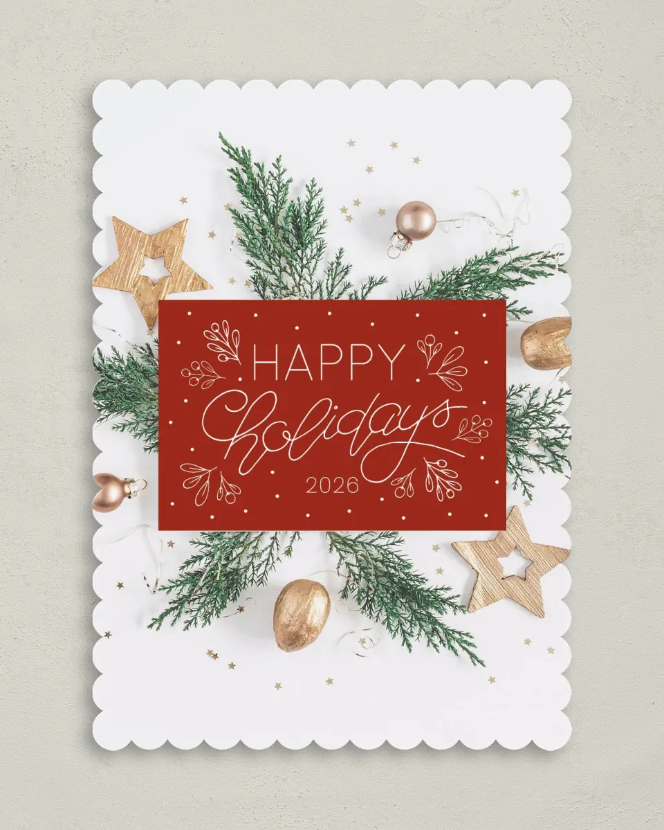 This is a 5" x 7" Christmas Card called Happy Holidays printed in full color on Premium Smooth paper on Premium Smooth paper on Premium Smooth paper