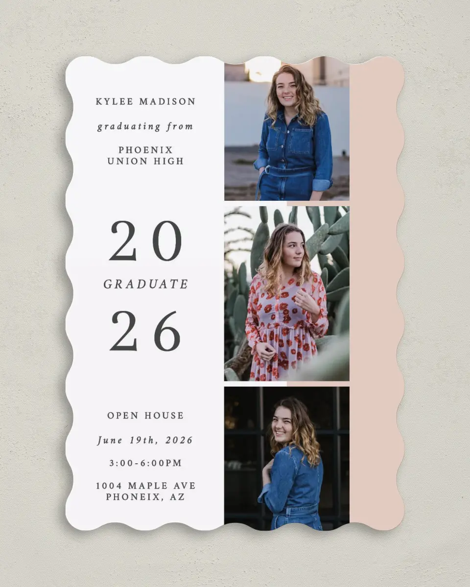 This is a 5" x 7" Graduation Announcement Card called Stacked Grad printed in full color with Rose Gold foil on Luxe Satin (coated) paper