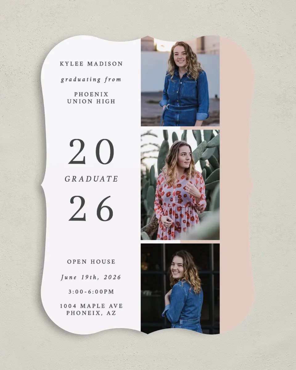 This is a 5" x 7" Graduation Announcement Card called Stacked Grad printed in full color on Premium Smooth paper