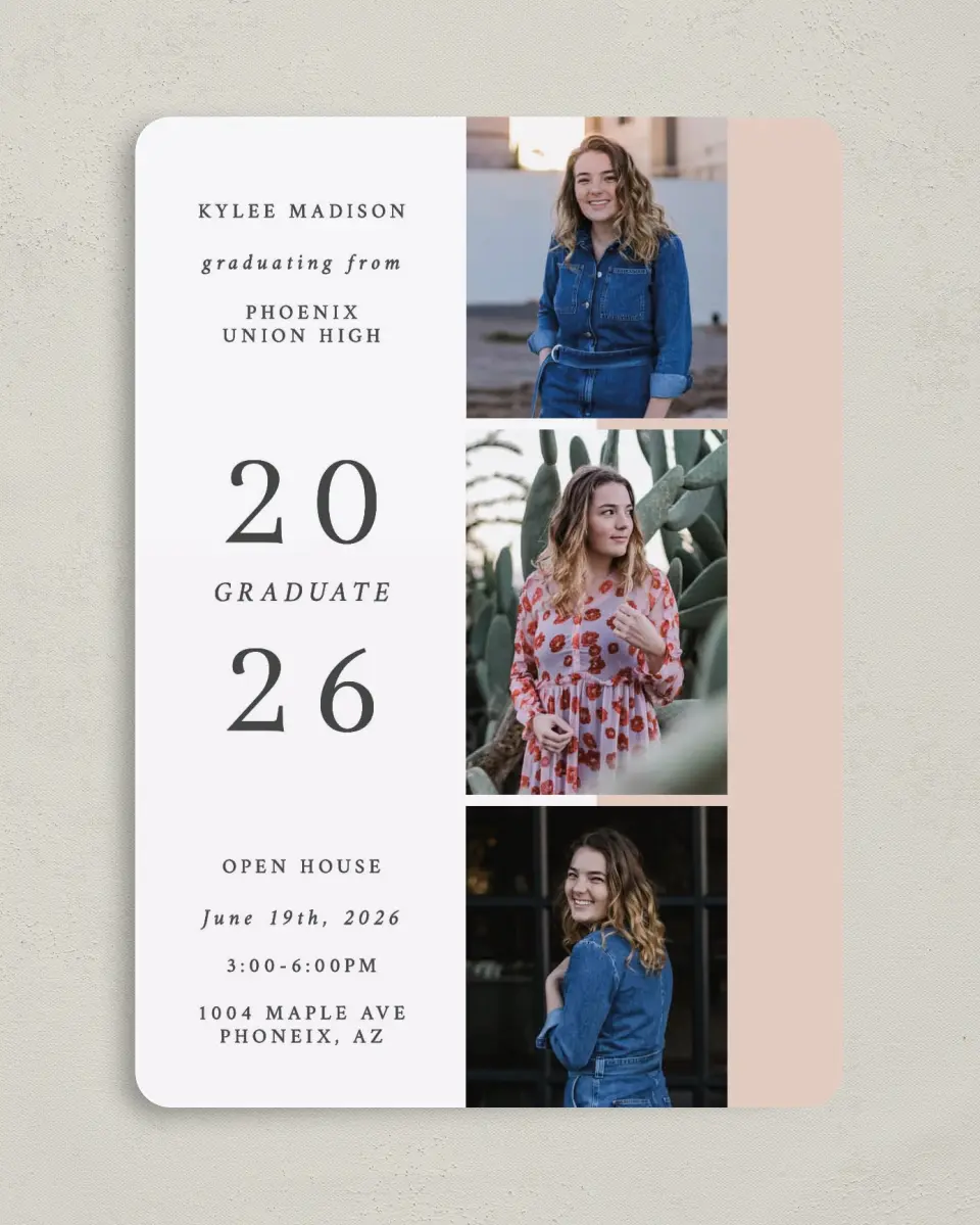This is a 5" x 7" Graduation Announcement Card called Stacked Grad printed in full color on Premium Smooth paper
