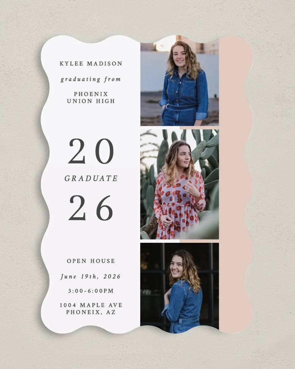 This is a 5" x 7" Graduation Announcement Card called Stacked Grad printed in full color on Premium Smooth paper