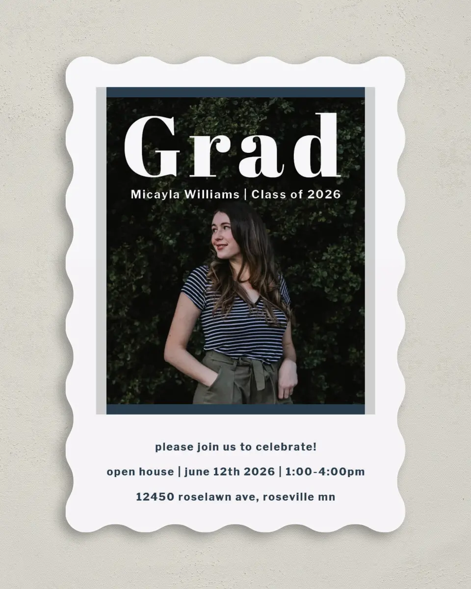 This is a 5" x 7" Graduation Announcement Card called Huge Deal printed in full color with Gold foil on Luxe Satin (coated) paper