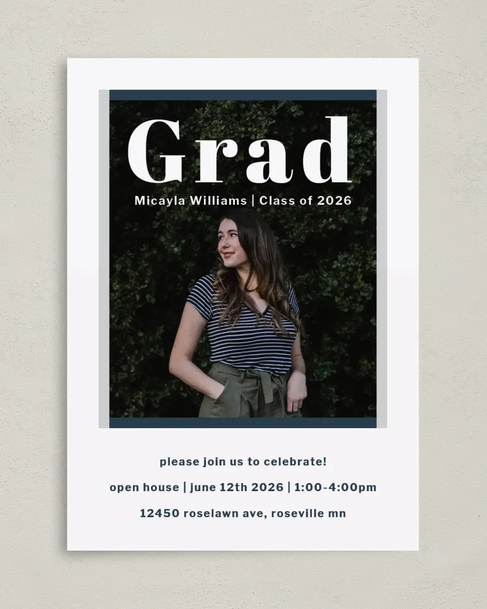 This is a 5" x 7" Graduation Announcement Card called Huge Deal printed in full color on Premium Smooth paper