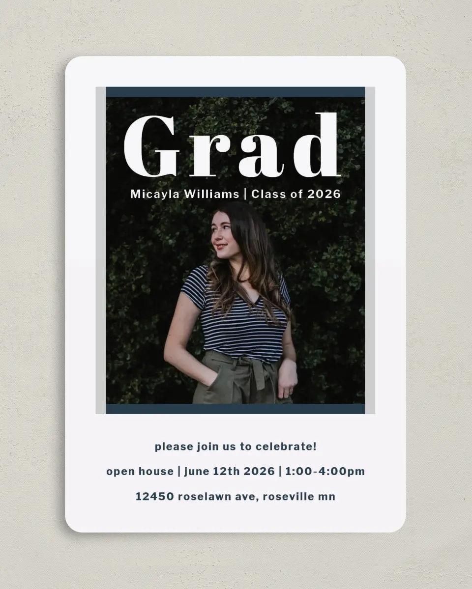 This is a 5" x 7" Graduation Announcement Card called Huge Deal printed in full color on Premium Smooth paper