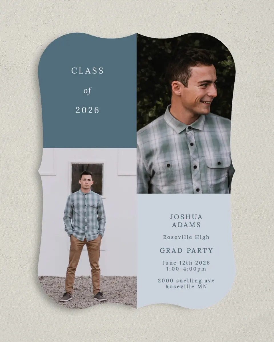 This is a 5" x 7" Graduation Announcement Card called Quiet Quad printed in full color on Premium Smooth paper