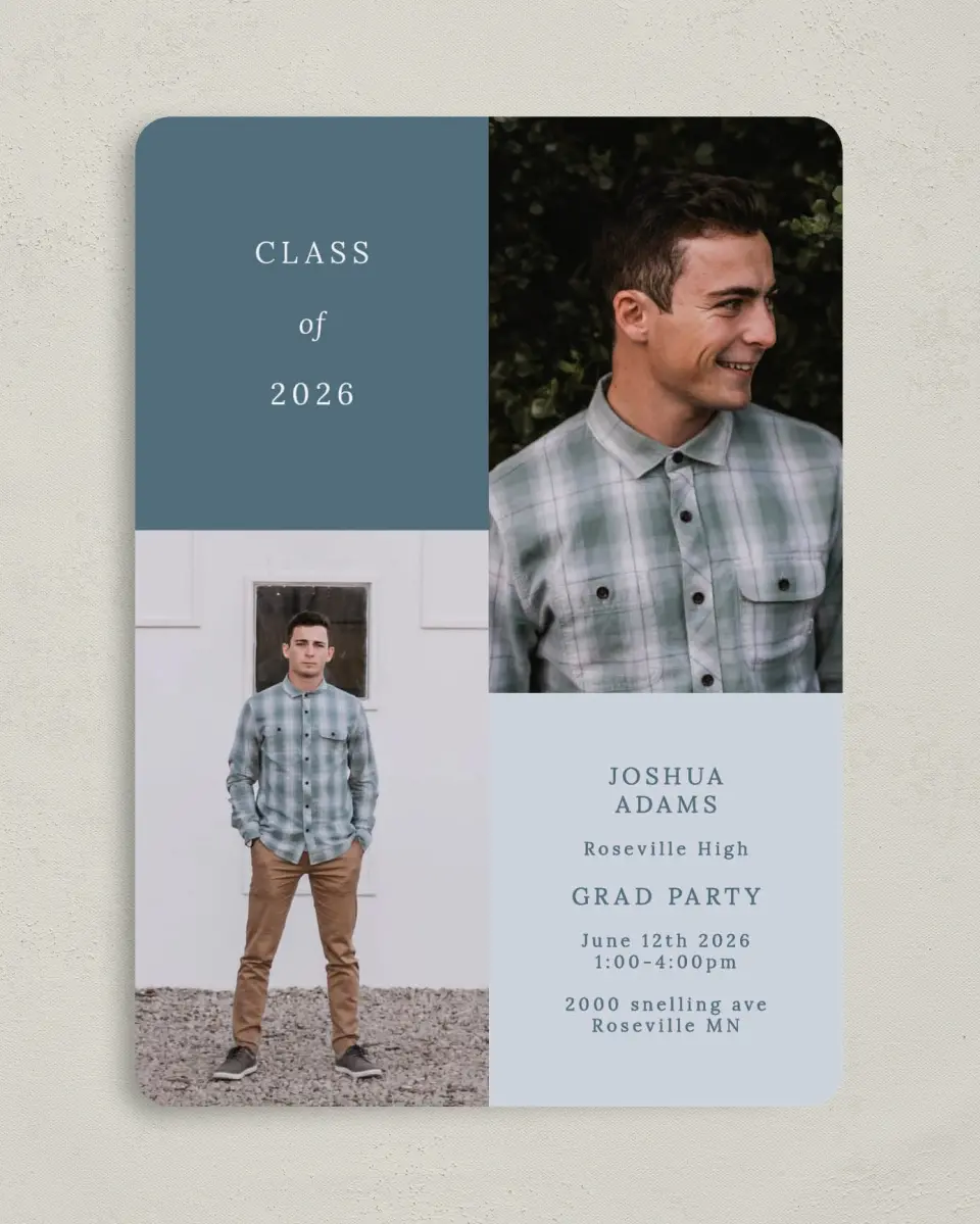 This is a 5" x 7" Graduation Announcement Card called Quiet Quad printed in full color on Premium Smooth paper