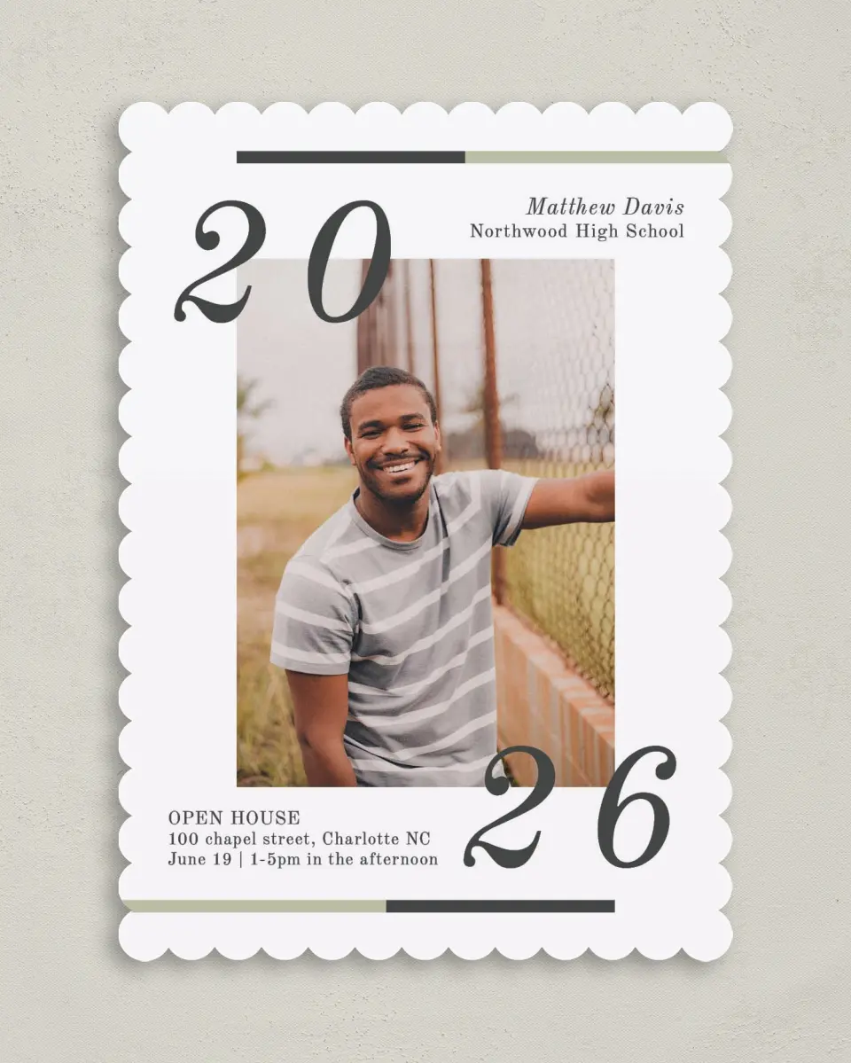 This is a 5" x 7" Graduation Announcement Card called Raising the Bar printed in full color on Premium Smooth paper
