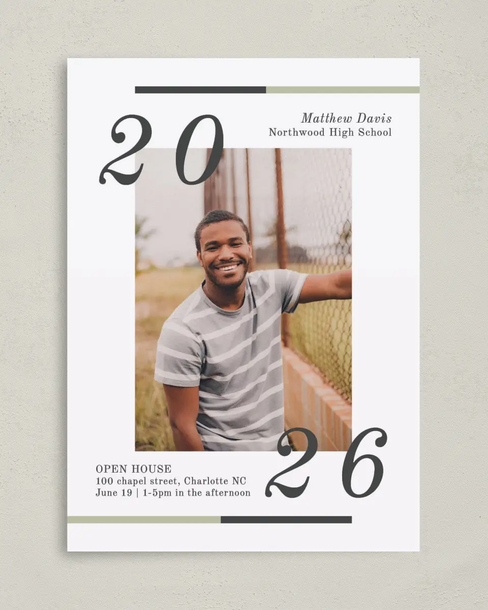 This is a 5" x 7" Graduation Announcement Card called Raising the Bar printed in full color on Premium Smooth paper