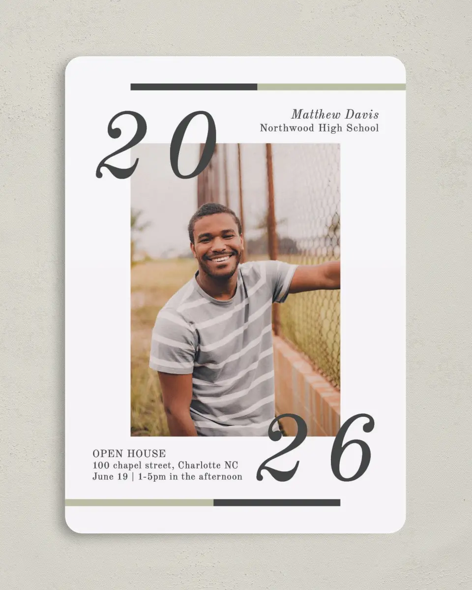 This is a 5" x 7" Graduation Announcement Card called Raising the Bar printed in full color on Premium Smooth paper