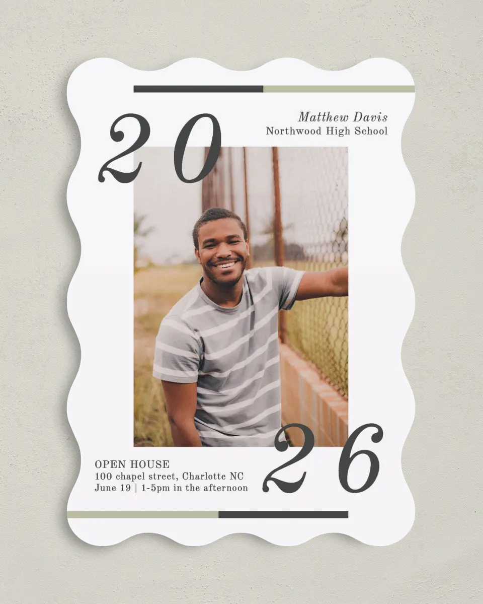 This is a 5" x 7" Graduation Announcement Card called Raising the Bar printed in full color on Premium Smooth paper