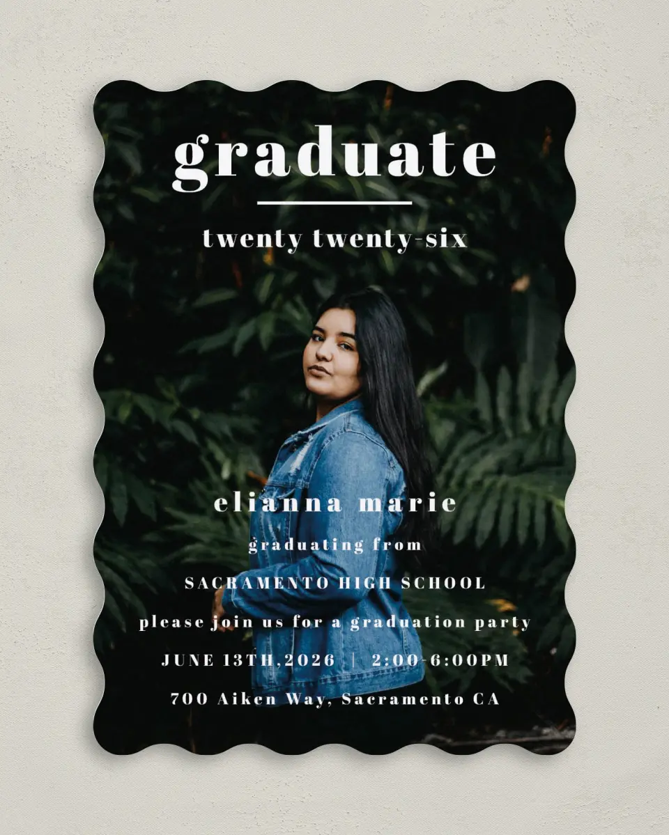 This is a 5" x 7" Graduation Announcement Card called Momentous Occasion printed in full color with Silver foil on Luxe Satin (coated) paper