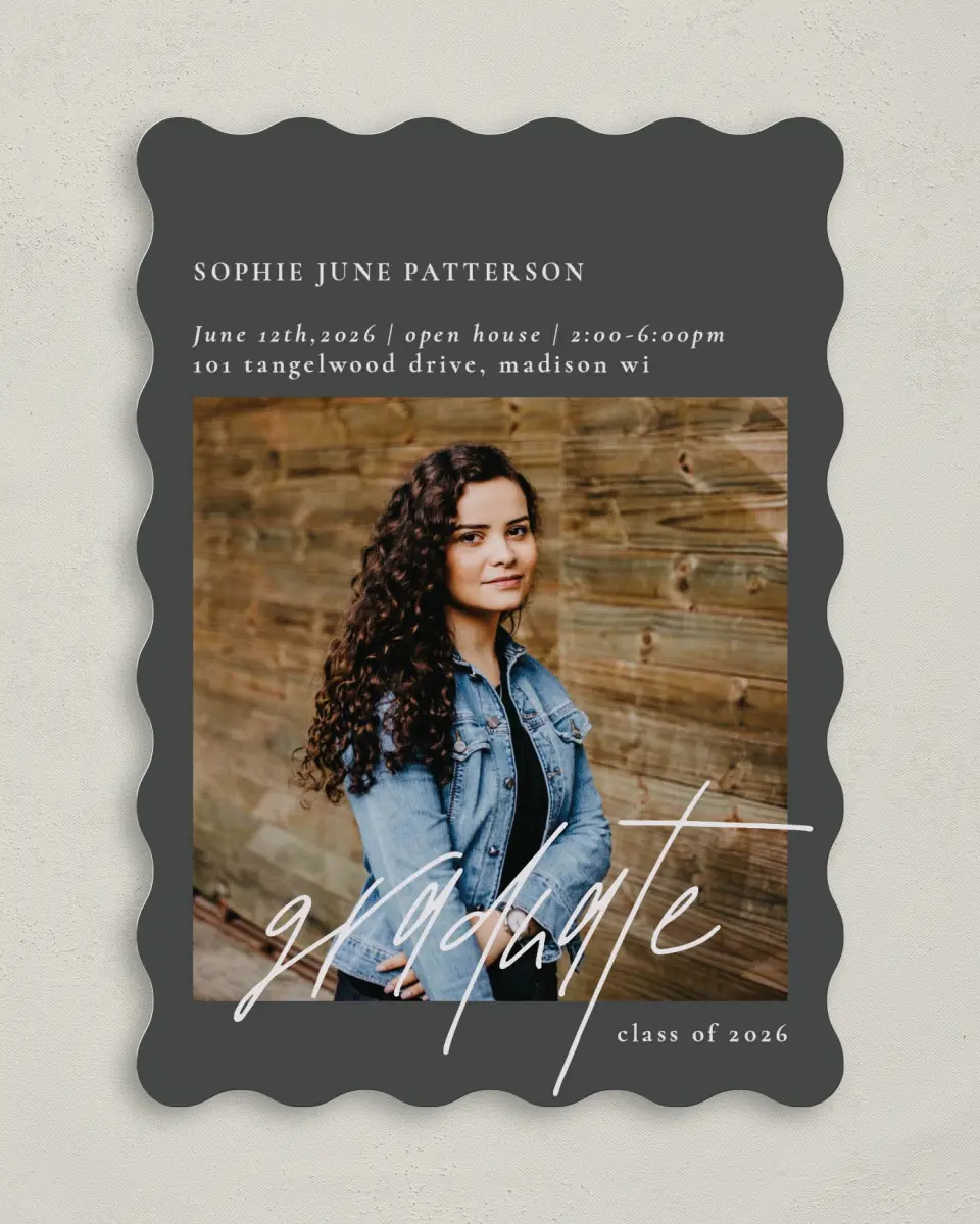 This is a 5" x 7" Graduation Announcement Card called Featured Graduate printed in full color with Rose Gold foil on Luxe Satin (coated) paper