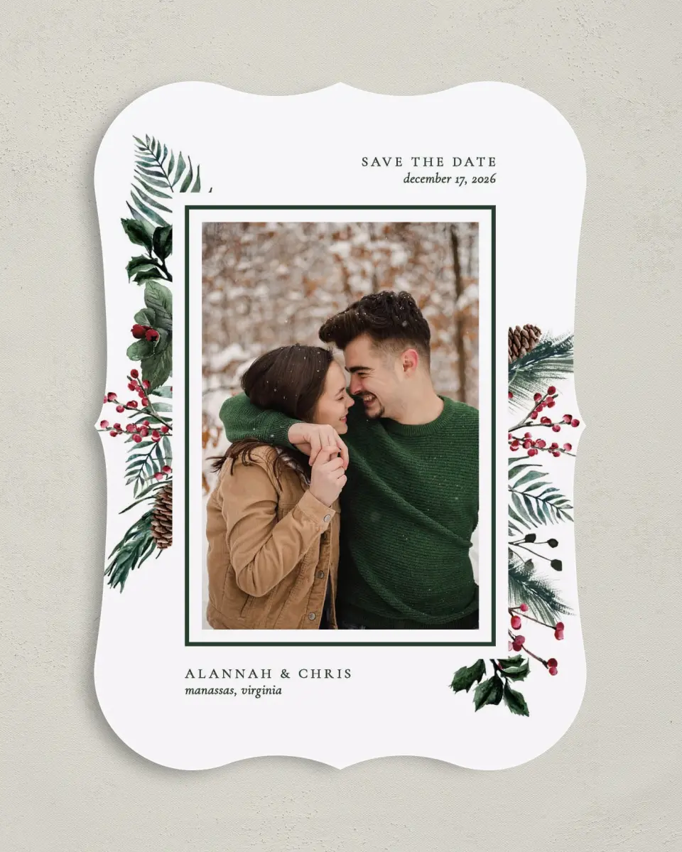 This is a 5" x 7" Save the Date Card called Festive Celebration printed in full color with Rose Gold foil on Luxe Satin (coated) paper