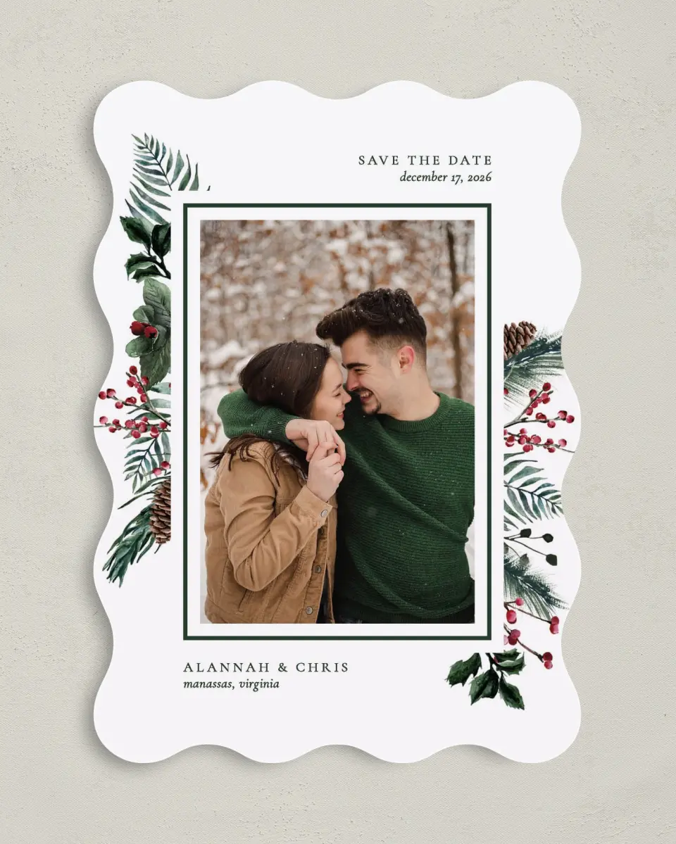 This is a 5" x 7" Save the Date Card called Festive Celebration printed in full color on Premium Smooth paper