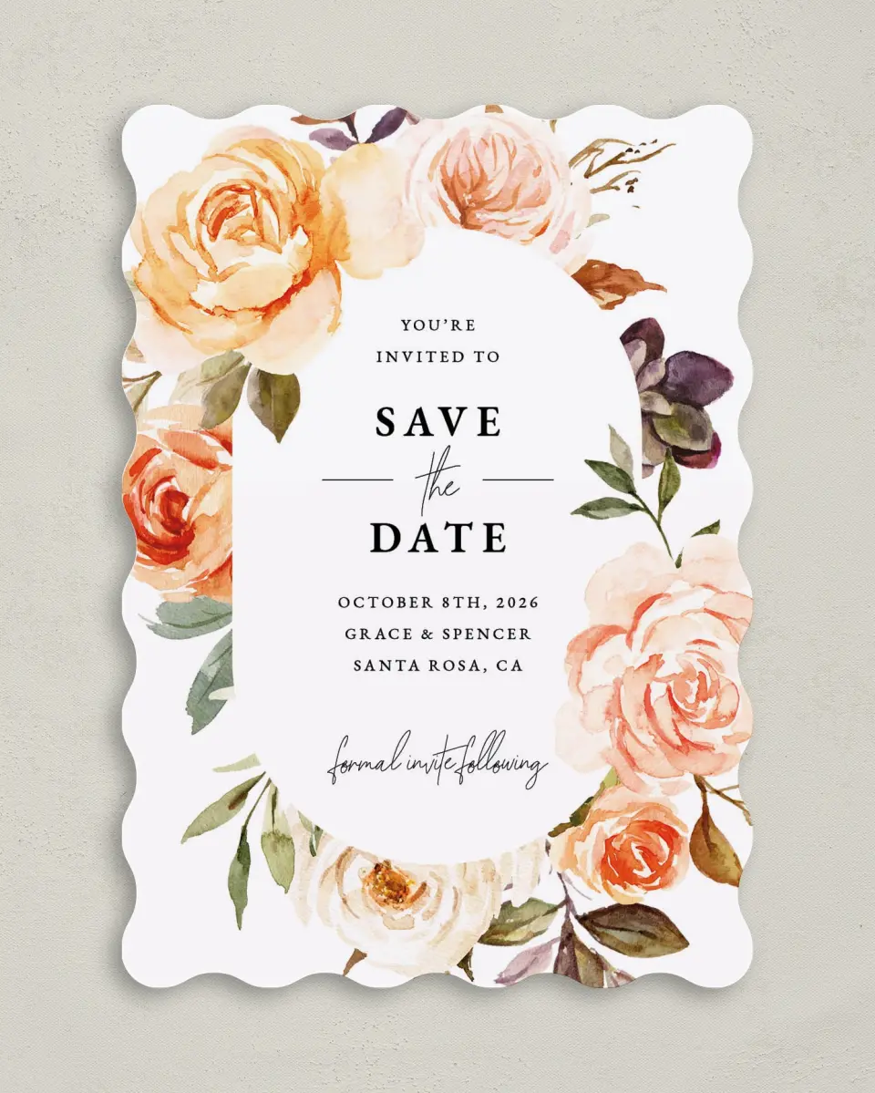 This is a 5" x 7" Save the Date Card called Romantic Garden printed in full color on Premium Smooth paper