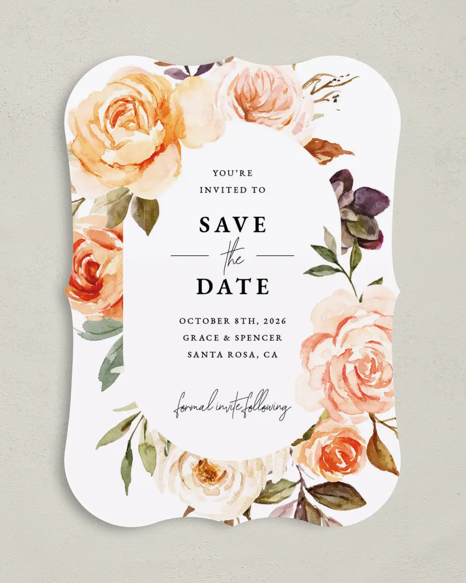 This is a 5" x 7" Save the Date Card called Romantic Garden printed in full color on Premium Smooth paper