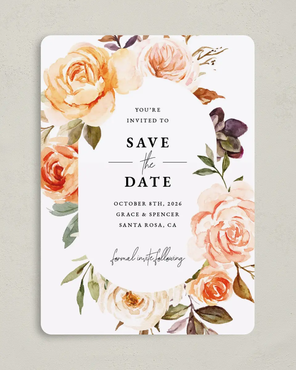 This is a 5" x 7" Save the Date Card called Romantic Garden printed in full color on Premium Smooth paper