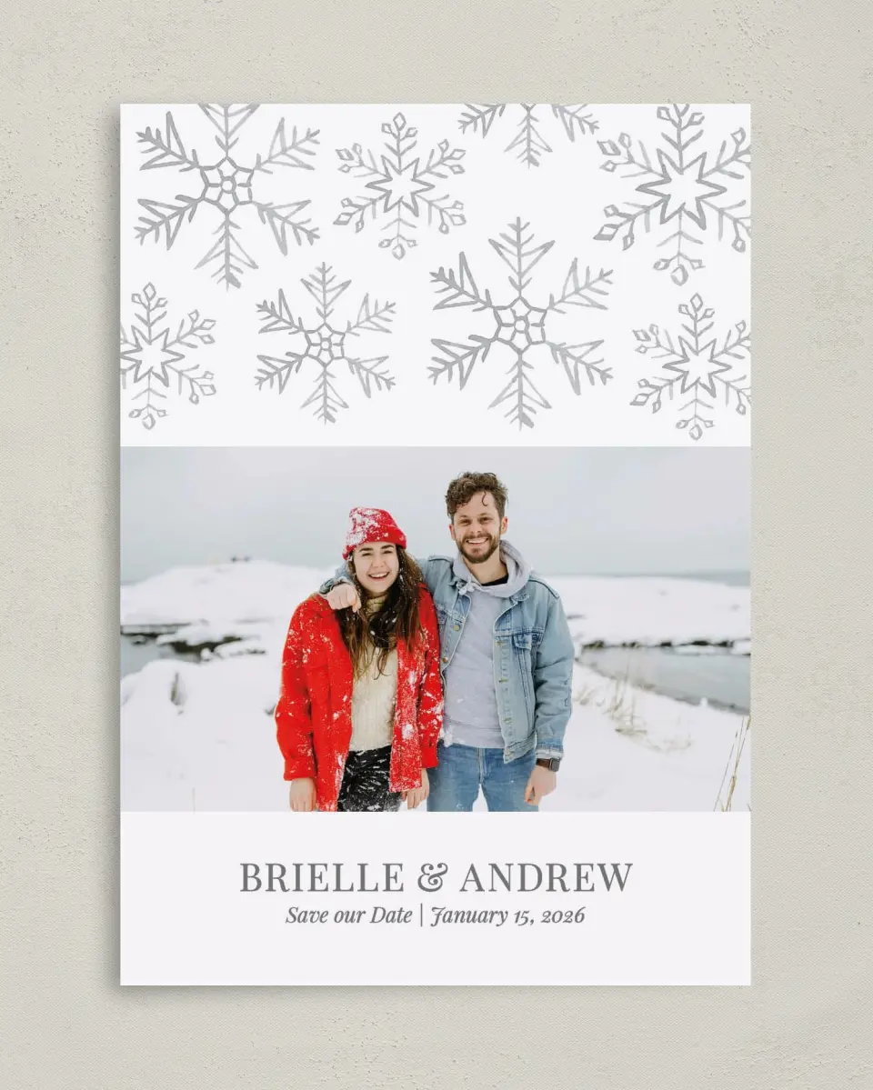 This is a 5" x 7" Save the Date Card called Sweet Snowflakes printed in full color on Premium Smooth paper