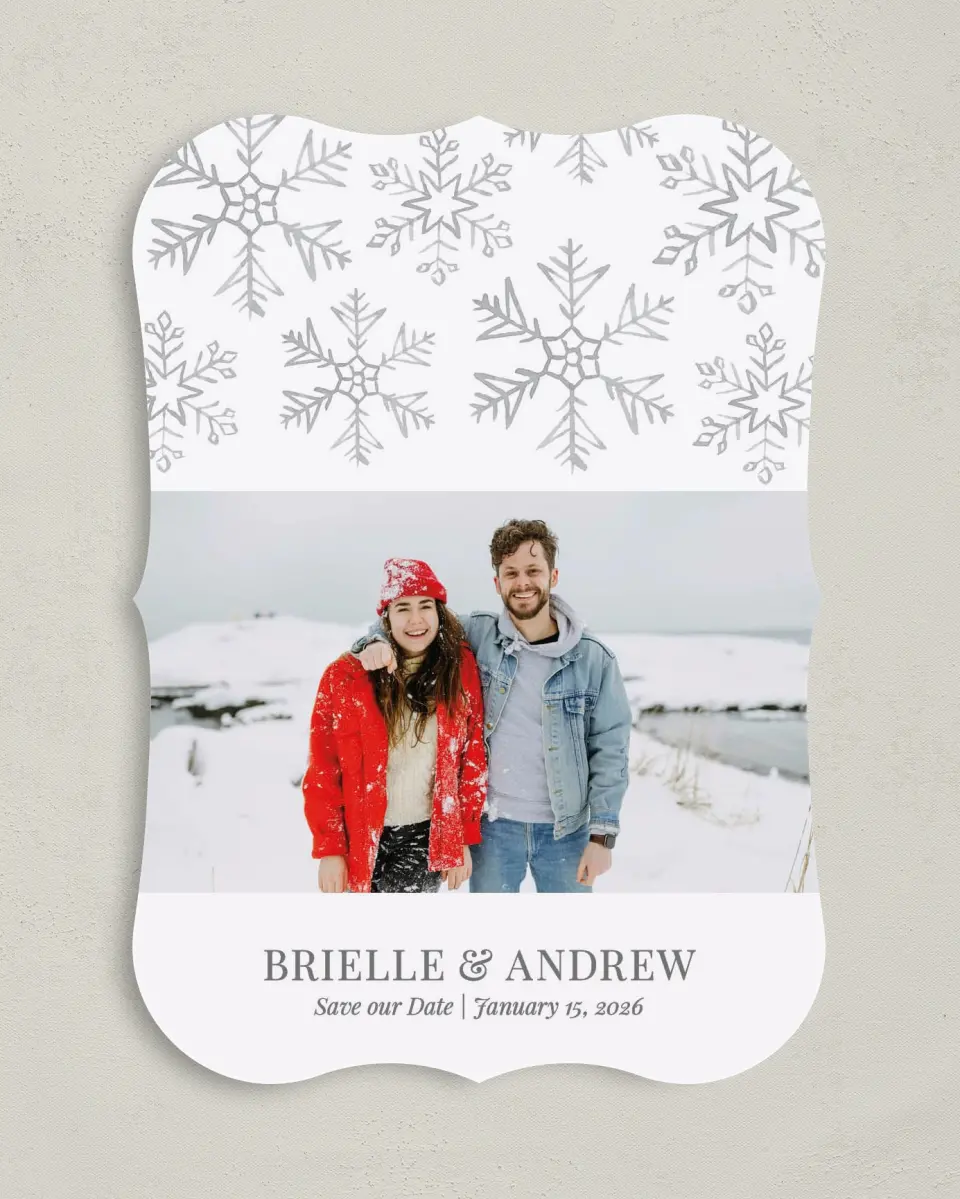 This is a 5" x 7" Save the Date Card called Sweet Snowflakes printed in full color on Premium Smooth paper