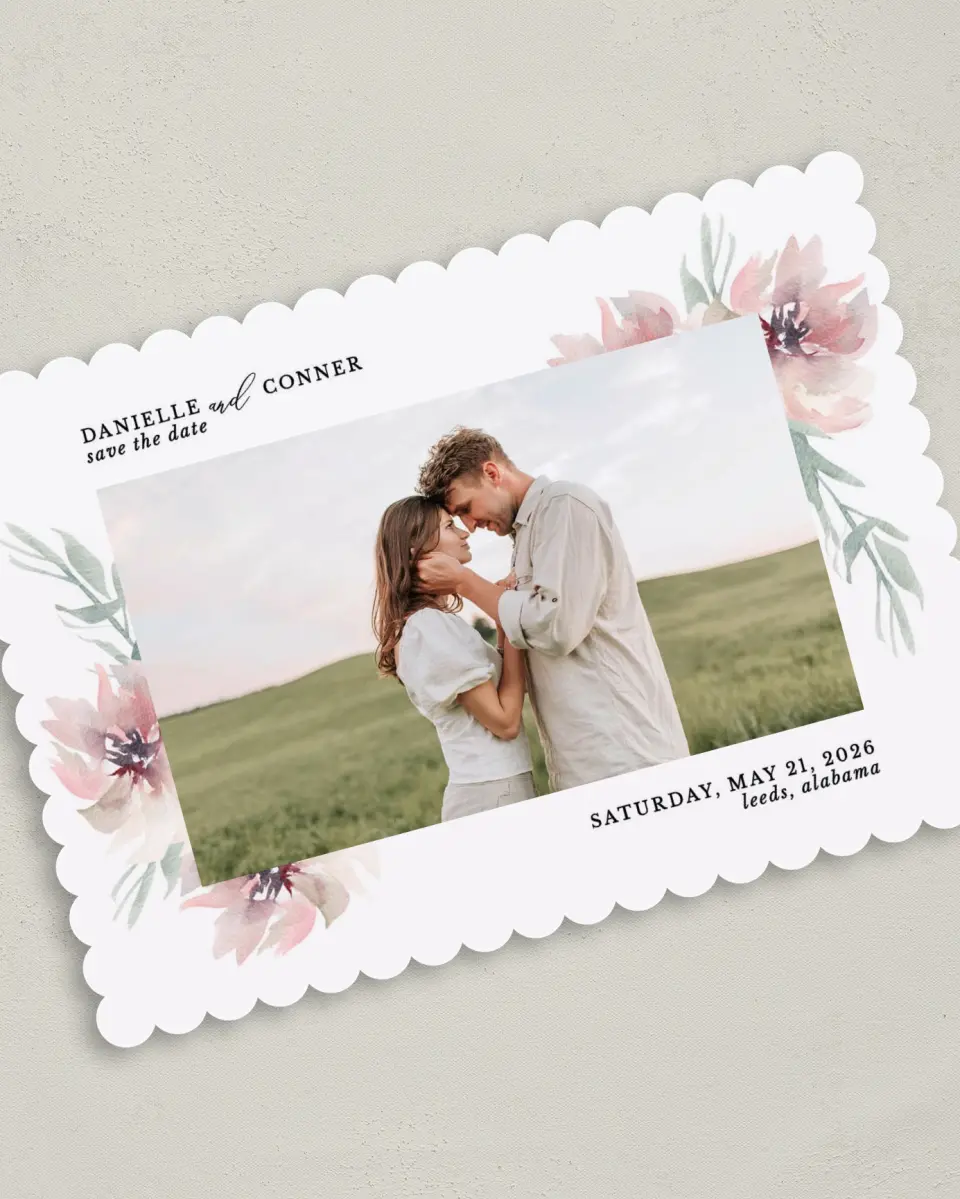 This is a 5" x 7" Save the Date Card called Soft Florals printed in full color on Premium Smooth paper