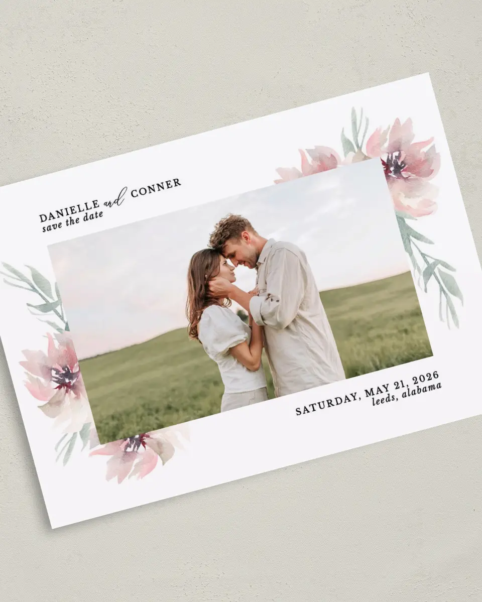 This is a 5" x 7" Save the Date Card called Soft Florals printed in full color on Premium Smooth paper