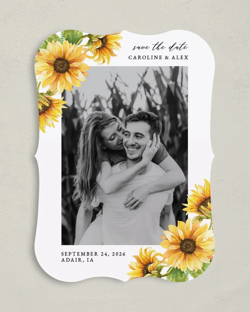 This is a 5" x 7" Save the Date Card called Sunflower Bliss printed in full color on Premium Smooth paper