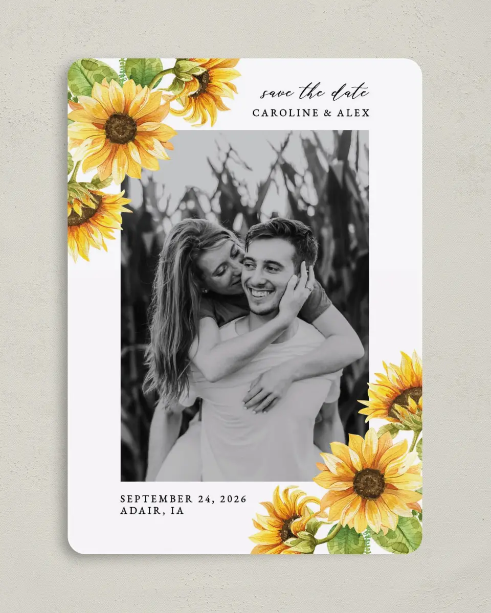 This is a 5" x 7" Save the Date Card called Sunflower Bliss printed in full color on Premium Smooth paper