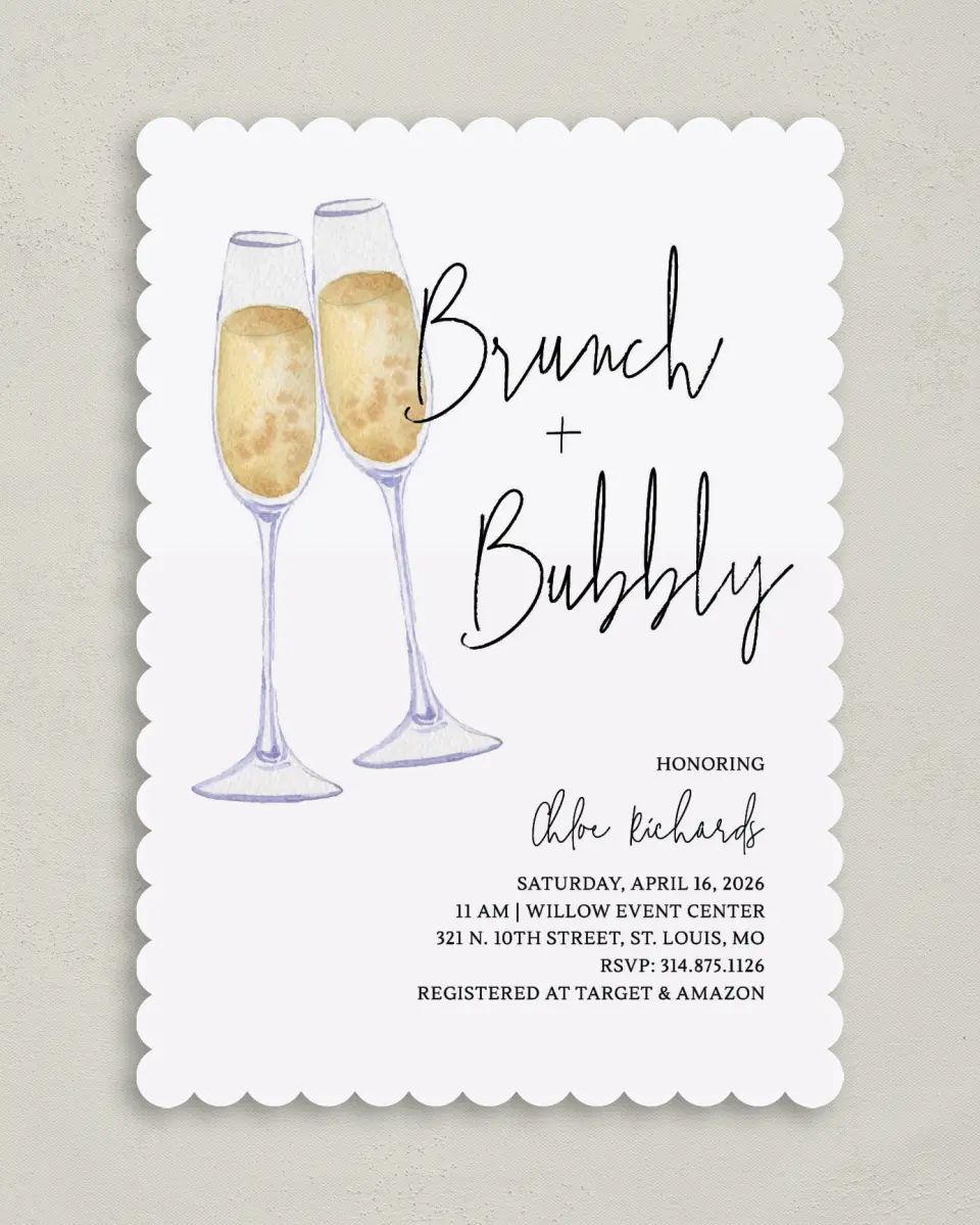 This is a 5" x 7" Bridal Shower Invitation called Brunch & Bubbly printed in full color on Premium Smooth paper