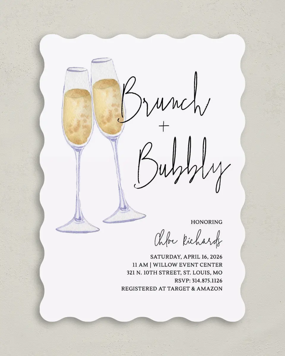 This is a 5" x 7" Bridal Shower Invitation called Brunch & Bubbly printed in full color with Rose Gold foil on Luxe Satin (coated) paper