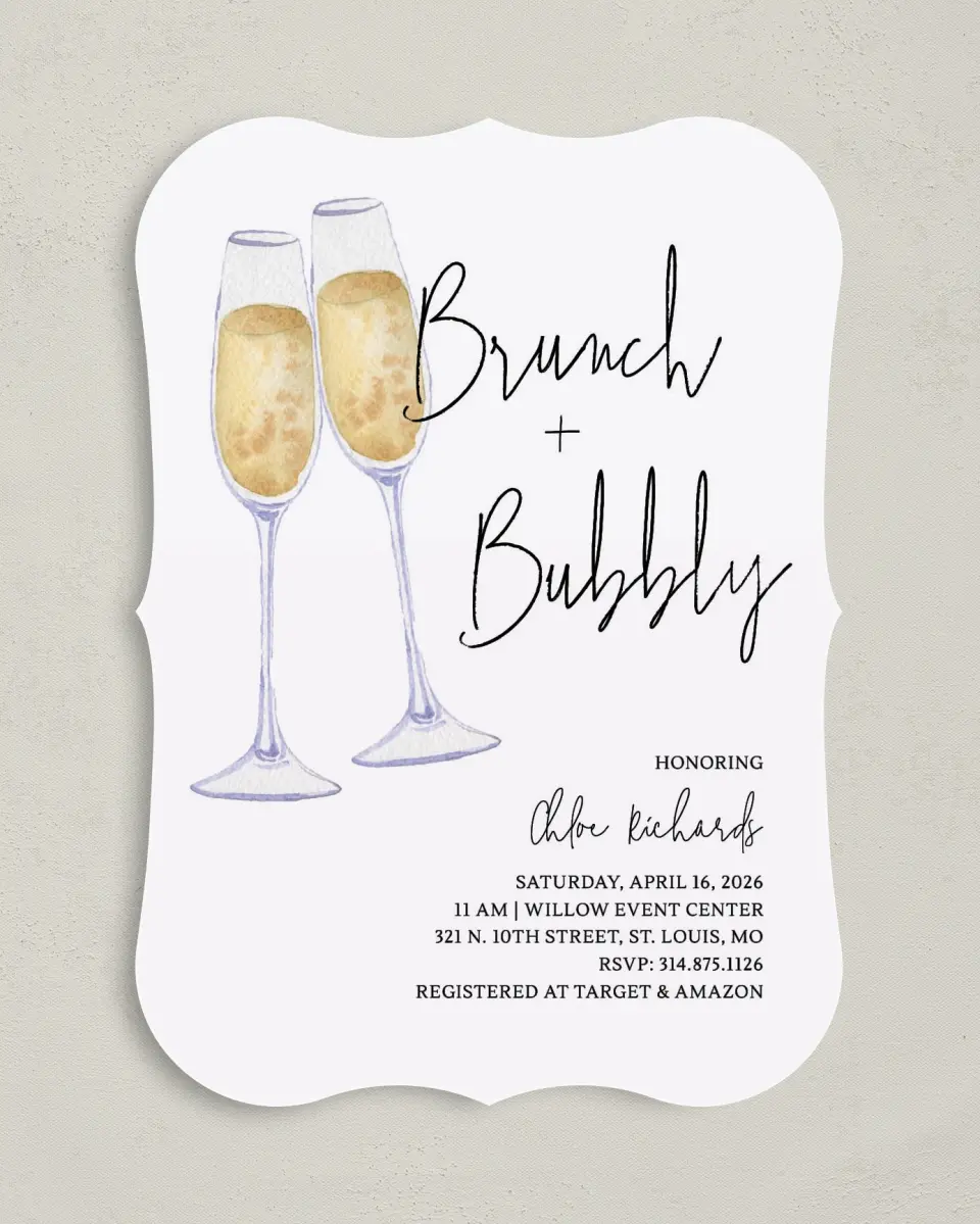 This is a 5" x 7" Bridal Shower Invitation called Brunch & Bubbly printed in full color on Premium Smooth paper