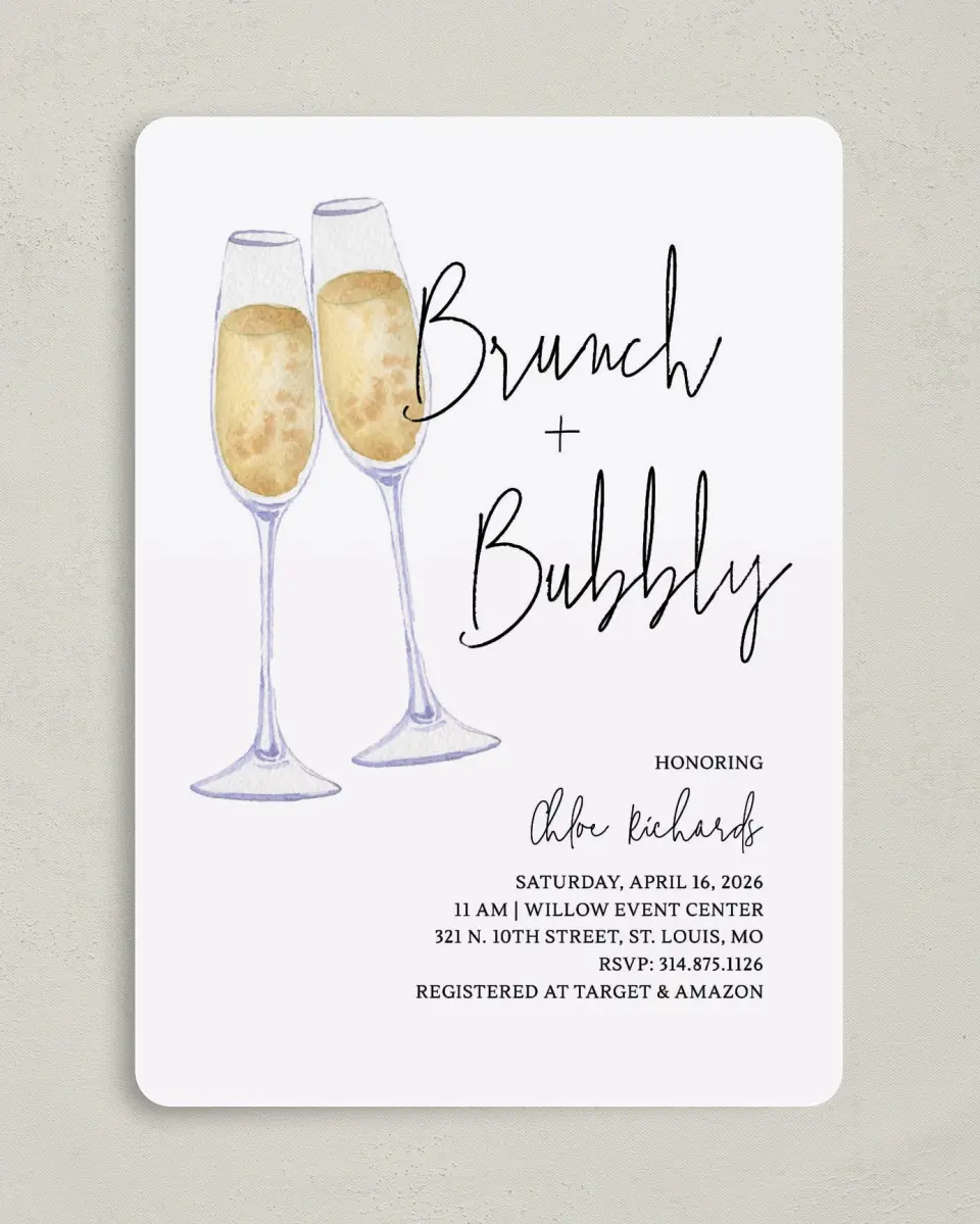 This is a 5" x 7" Bridal Shower Invitation called Brunch & Bubbly printed in full color on Premium Smooth paper