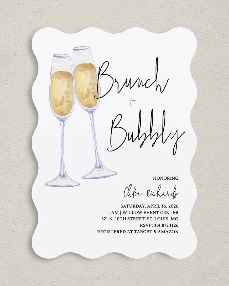 This is a 5" x 7" Bridal Shower Invitation called Brunch & Bubbly printed in full color with Gold foil on Luxe Satin (coated) paper