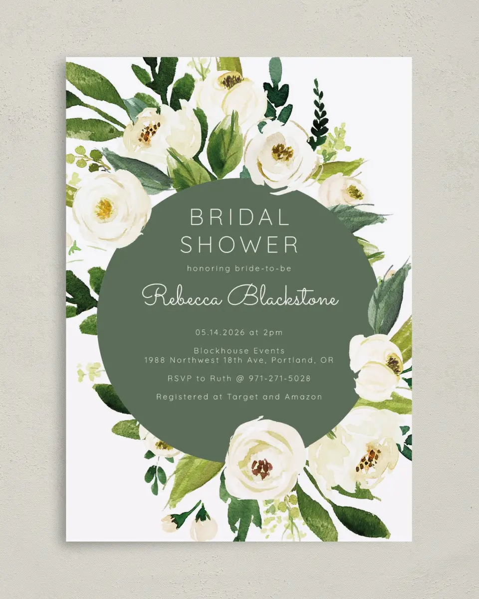This is a 5" x 7" Bridal Shower Invitation called Bridal Blooms printed in full color on Premium Smooth paper